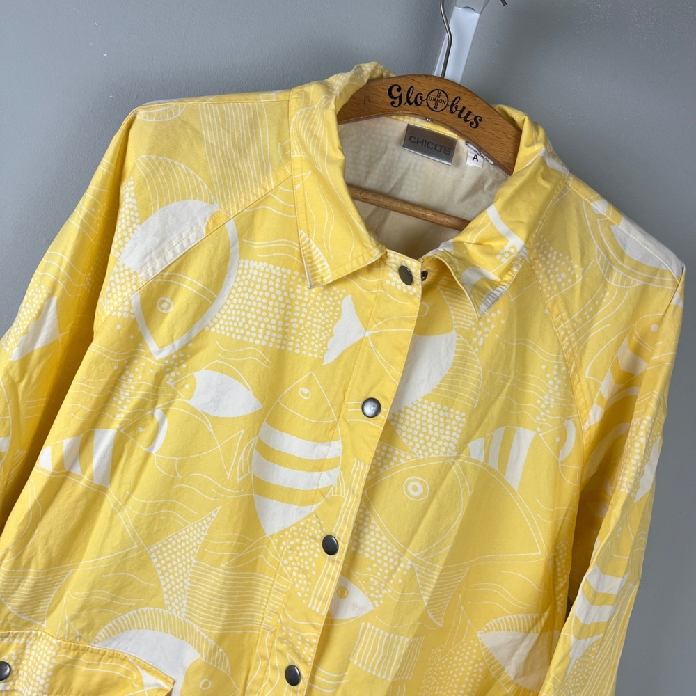 Vintage Chico's Parka Jacket Size 3 XL/16 Yellow White Fish Print Cotton Coastal
